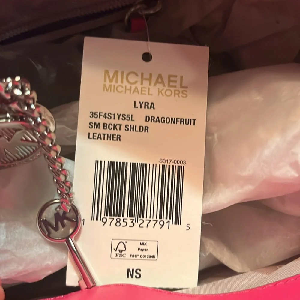 MICHAEL KORS LYRA WOMEN SMALL LEATHER SNAP BUCKET SHOULDER PURSE BAG DRAGONFRUIT - Picture 6 of 6